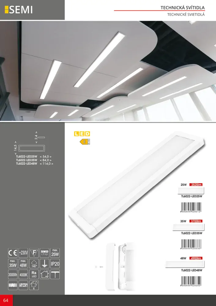 ECOLITE LED panel SEMI 48W - stropní svítidlo 114x15cm 4000K TL6022-LED48W- minimální odběr 6 ks