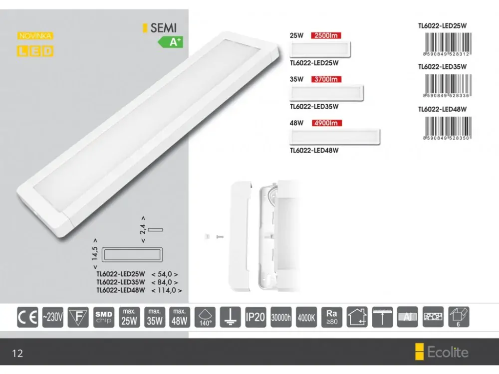 ECOLITE LED panel SEMI 48W - stropní svítidlo 114x15cm 4000K TL6022-LED48W- minimální odběr 6 ks